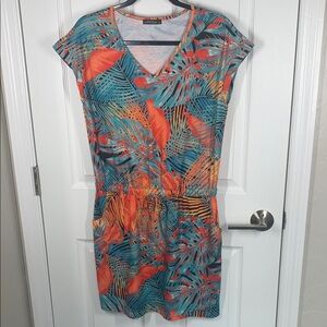 Ofeefan casual dress size small orange and turquoise tropical leaf print
